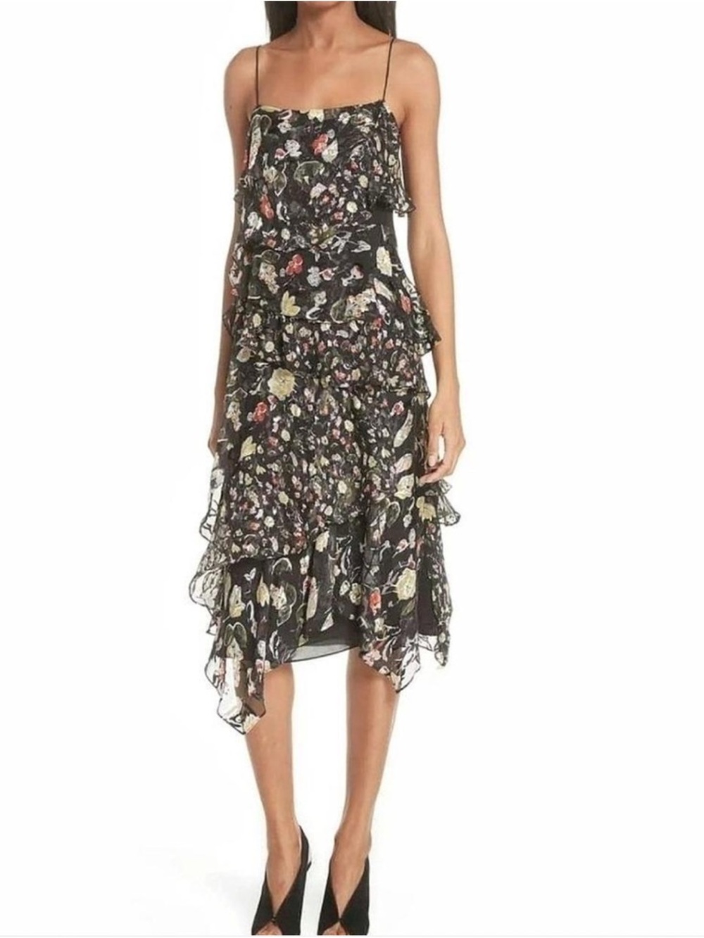 Jason Wu Black Floral Ruffle Handkerchief Midi Dress